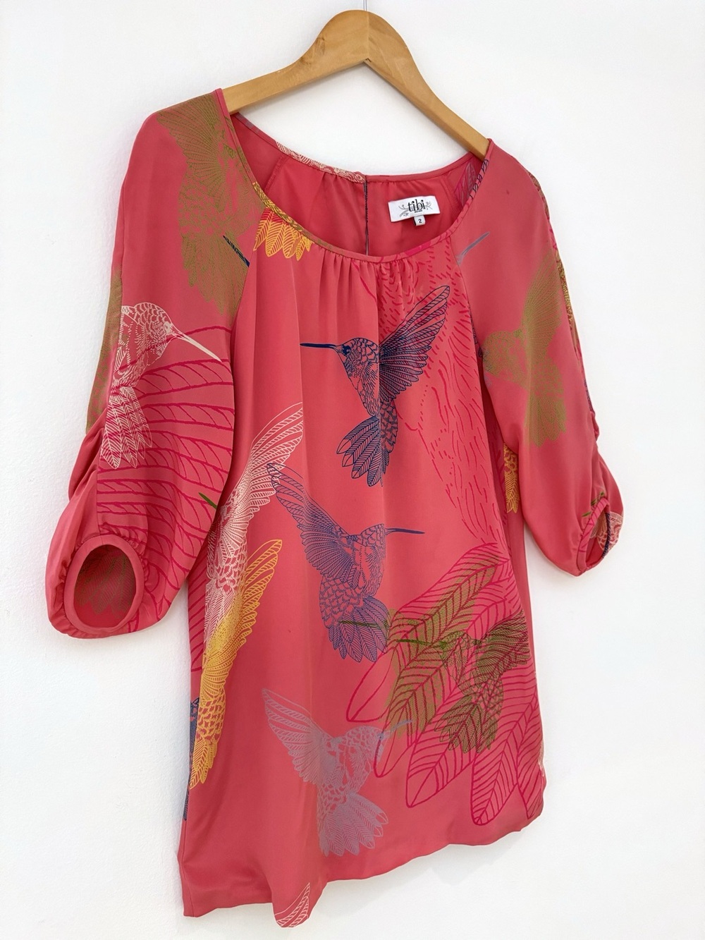 Coral Hummingbird Print Women's Blouse - Picture 2 of 10